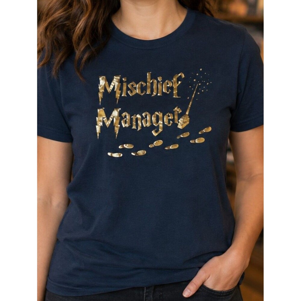 Harry Potter Mischief Managed Navy Blue Tee L Gold Graphic Potterhead Fangirl